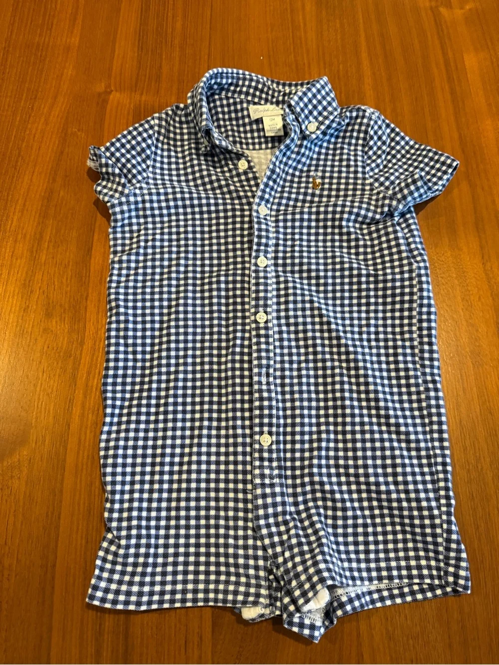 Ralph Lauren Blue and White Gingham Baby One-Piece Bodysuit
